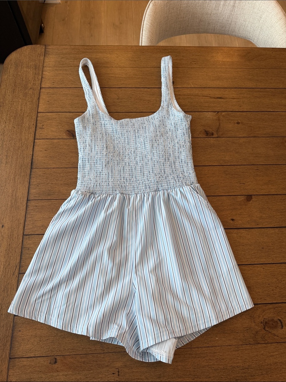 Smocked Tank Romper Dress - Light Blue Stripe